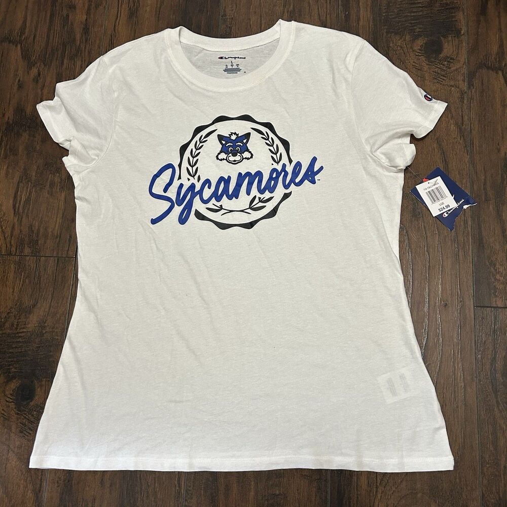 Indiana State SYCAMORES Champion T Shirt White Blue logo Women Large NWT
